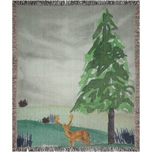 Deer in The Forest  -100% Cotton Jacquard Woven Throw Blanket