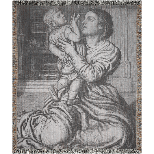 Mother Holding Her Child  -100% Cotton Jacquard Woven Throw Blanket