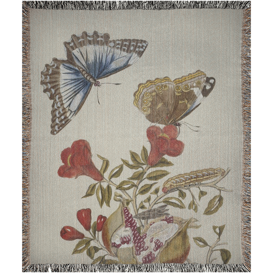 Butterflies & Pomegranate Vintage  -100% Cotton Jacquard Woven Throw Blanket