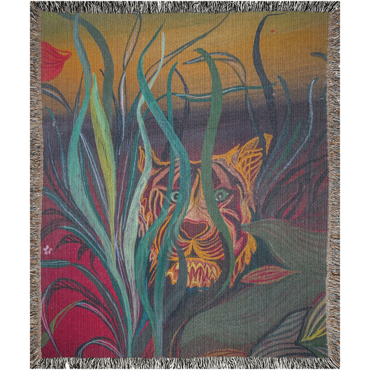 Tiger Waiting For The Prey Inside the Bush  -100% Cotton Jacquard Woven Throw Blanket