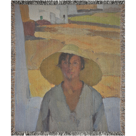 Man With The Straw Hat  -100% Cotton Jacquard Woven Throw Blanket