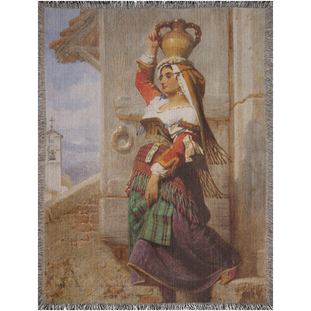 Turkish Lady Carrying Water Oil Painting  -100% Cotton Jacquard Woven Throw Blanket