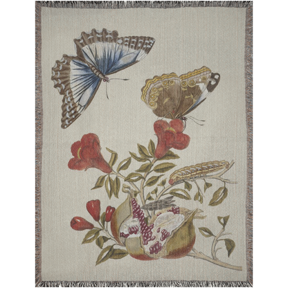 Butterflies & Pomegranate Vintage  -100% Cotton Jacquard Woven Throw Blanket
