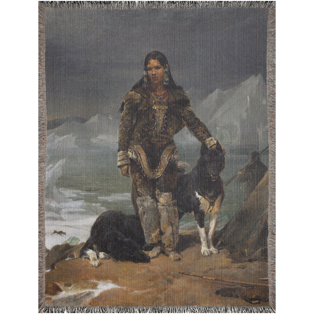 Native woman With Her Dog  -100% Cotton Jacquard Woven Throw Blanket