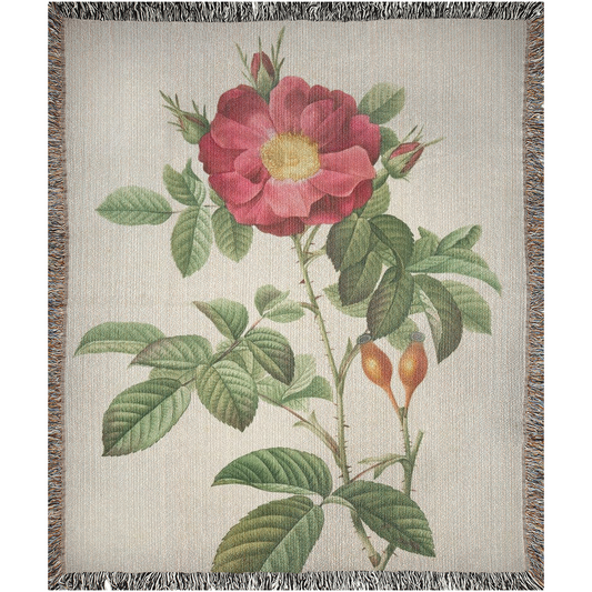 Single Flower Stem Vintage Painting  -100% Cotton Jacquard Woven Throw Blanket