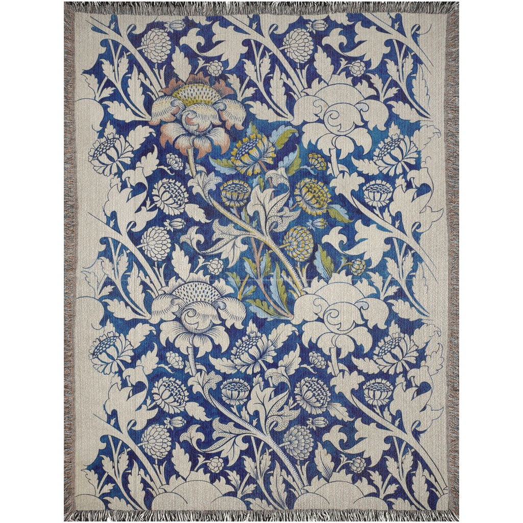 Blue Floral Vintage Pattern  -100% Cotton Jacquard Woven Throw Blanket
