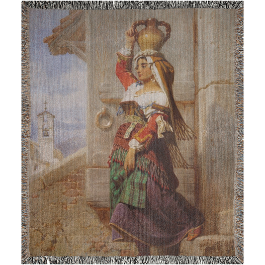 Turkish Lady Carrying Water Oil Painting  -100% Cotton Jacquard Woven Throw Blanket